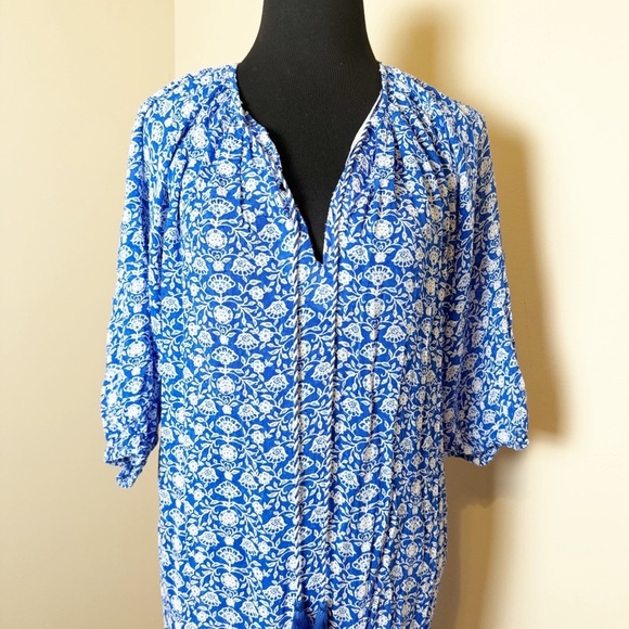 ZARA Blue/White BOHO FLORAL dotted MESH PRINTED MIDI DRESS sz XS - Picture 5 of 12